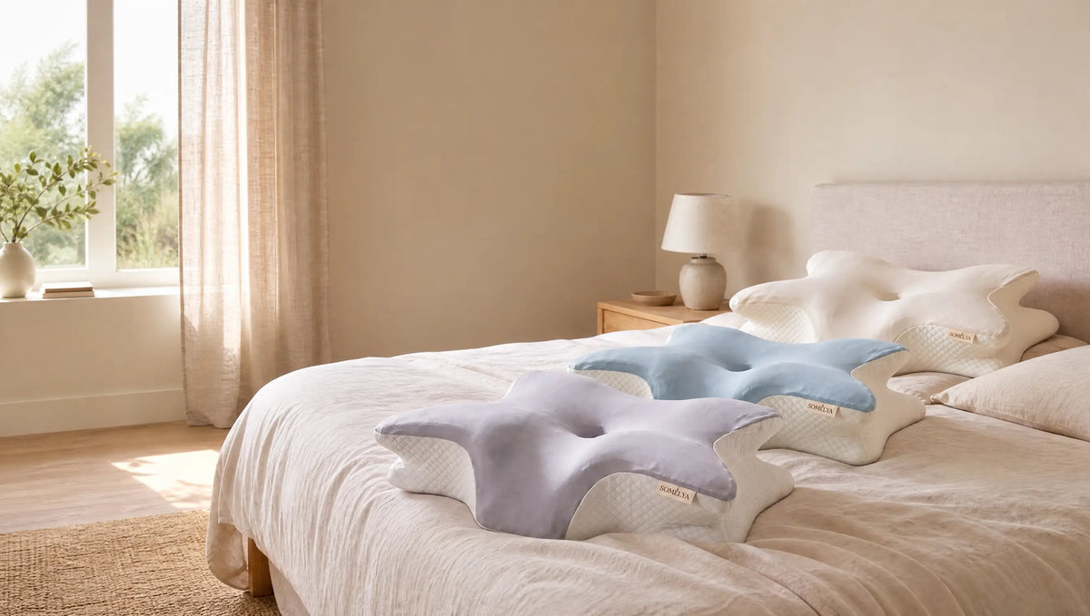 Trois oreillers Somélya, gris, bleu clair et blanc, posés sur un lit dans une chambre baignée de lumière