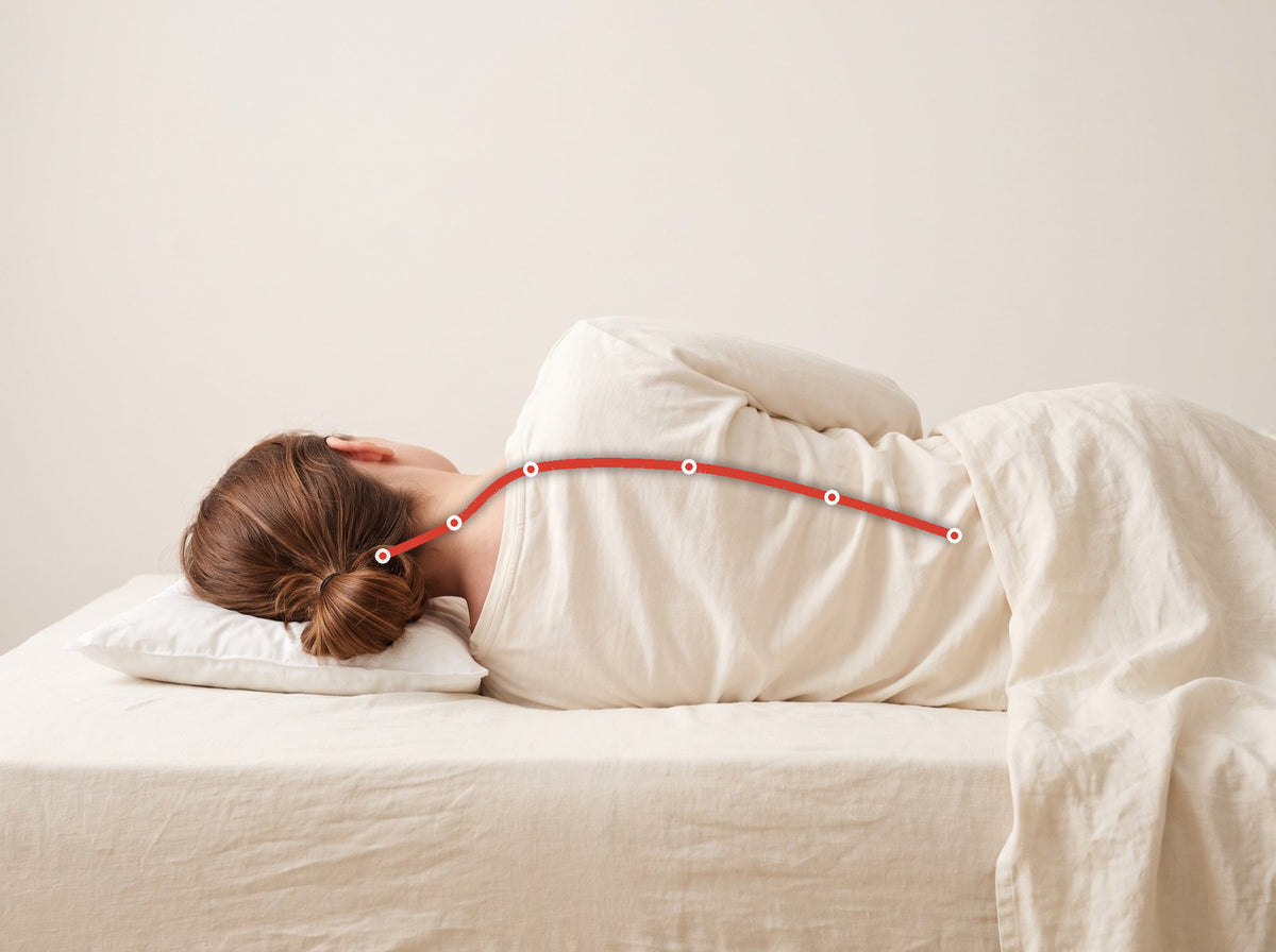 Dormeuse de dos sur un oreiller classique plat : la tête s'affaisse et la nuque n'est pas alignée avec le dos